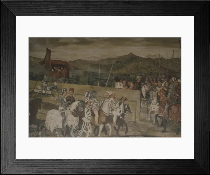 Framed Print : Christian, King of Denmark on a visit to Malpaga, by Marcello Fogolino, 1535, 16th century, fresco - Italy, Lombardy, Cavernago, Malpaga, Colleoni Castle. Detail Framed Print : Christian, King of Denmark on a visit to Malpaga, by Marcello Fogolino, 1535, 16th century, fresco - Italy, Lombardy, Cavernago, Malpaga, Colleoni Castle. Detail
