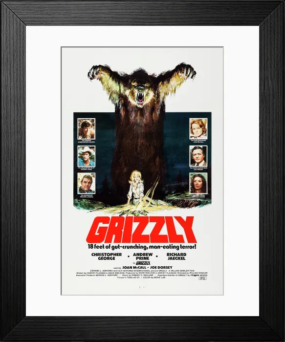 Framed Print : GRIZZLY, US poster, left from top: Christopher George, Andrew Prine, Richard Jaeckel, right from top: Joan McCall, Joe Dorsey, Maryann Hearn, 1976