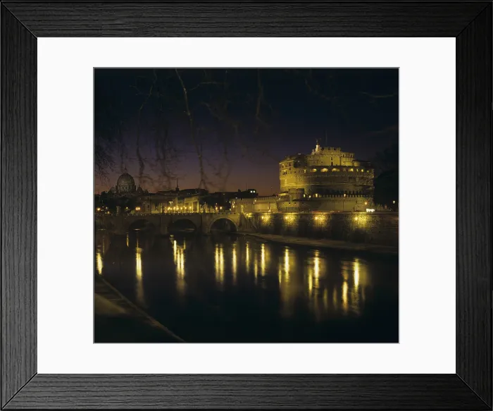 Framed Print : View of Vittorio Emanuele II Bridge and Castel Sant'Angelo, 1886 - 1911, 19th - 20th Century, marble - Italy, Lazio, Rome. Detail. View at dusk