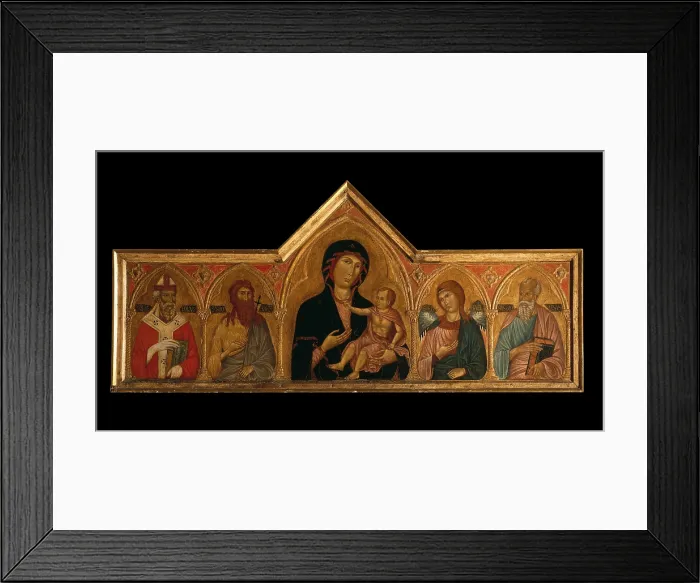 Framed Print : Polyptych, by Manfredino da Pistoia, 1280 - 1285, 13th Century, board - Private collection. Whole artwork view. On a golden background from left to right St. Nicolas, St Framed Print : Polyptych, by Manfredino da Pistoia, 1280 - 1285, 13th Century, board - Private collection. Whole artwork view. On a golden background from left to right St. Nicolas, St