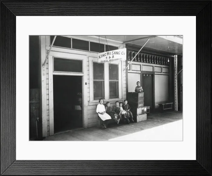 Framed Print : Six Chinese children sit outside the Kong Wo Sang Company in 1926. They are in Newcastle, California, now a small town about 20 miles northwest of Sacramento