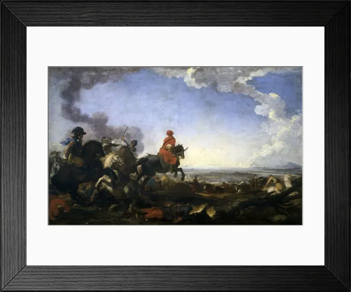 Framed Print : Cavalry battle between Turks and Christians, attributed to Jacques Courtois also known as Borgognone, 1650 - 1674, 17th Century, oil on canvas, 96 x 153 cm - Italy, Lombardy Framed Print : Cavalry battle between Turks and Christians, attributed to Jacques Courtois also known as Borgognone, 1650 - 1674, 17th Century, oil on canvas, 96 x 153 cm - Italy, Lombardy