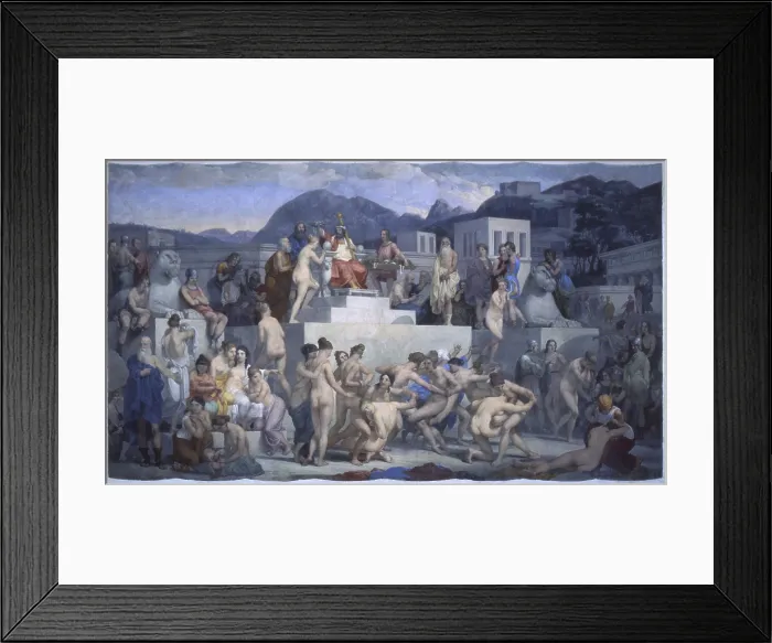Framed Print : Fight of the Spartan Women, by Giovanni Demn, 1837, 19th century, oil on canvas - Italy, Veneto, Belluno, Sedico, Villa Patt. Whole artwork view Framed Print : Fight of the Spartan Women, by Giovanni Demn, 1837, 19th century, oil on canvas - Italy, Veneto, Belluno, Sedico, Villa Patt. Whole artwork view