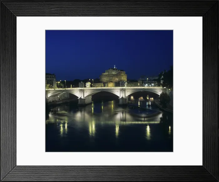 Framed Print : View of Vittorio Emanuele II Bridge and Castel Sant'Angelo, 1886 - 1911, 19th - 20th Century, marble - Italy, Lazio, Rome. whole artwork view. Night view Framed Print : View of Vittorio Emanuele II Bridge and Castel Sant'Angelo, 1886 - 1911, 19th - 20th Century, marble - Italy, Lazio, Rome. whole artwork view. Night view