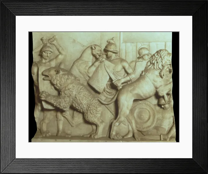 Framed Print : Hunting scene against a Lion, plaster cast of an original in marble - Italy, Lazio, Rome, National Roman Museum, Massimo Palace at thermae. Whole artwork view