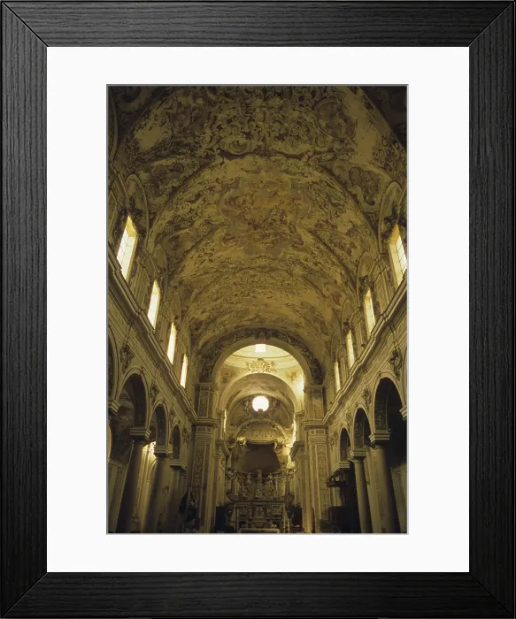 Framed Print : Basilica Cathedral of the Most Holy Saviour, 1086 - 1694, 11th - 17th Century - Italy, Sicily, Mazara del Vallo. Detail. View of the nave with baroque ceiling