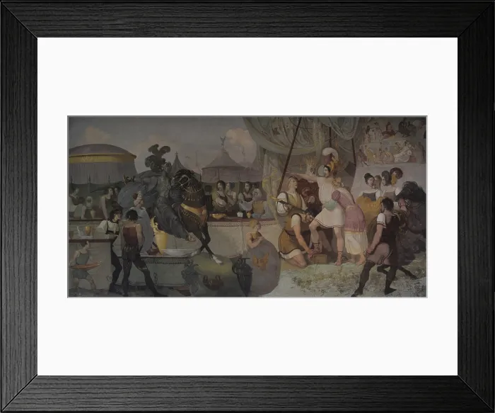 Framed Print : The duel between Ruggero and Rodomonte, by Pietro Paoletti, 1826, 19th century, fresco - Italy, Veneto, Agordo, De Manzoni Villa. Whole artwork view. Tourney scene