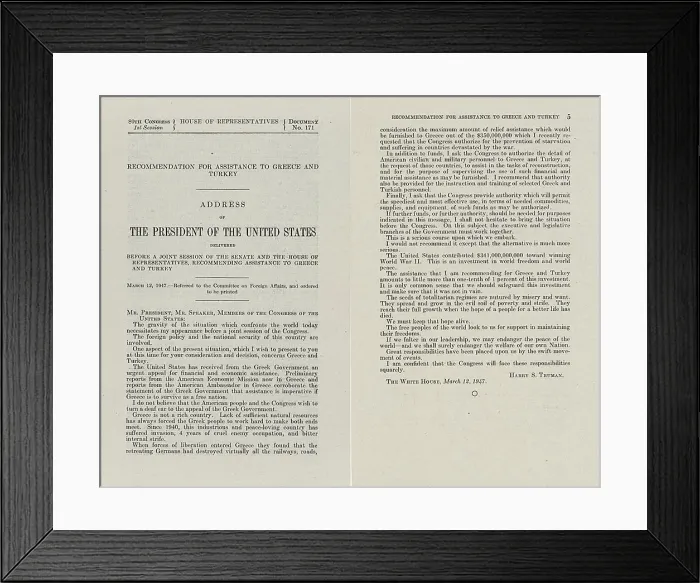 Framed Print : President Truman's Message to Congress, Recommending Assistance to Greece and Turkey. The March 12, 1947 address would become known as the Truman Doctrine
