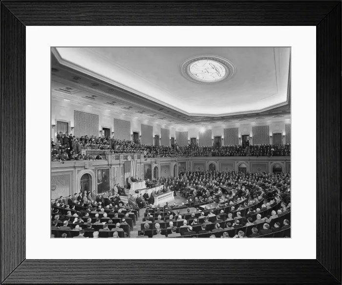 Framed Print : President Harry Truman delivering his State of the Union address to a joint session of Congress. Jan. 4, 1950. The address was broadcast over radio and television