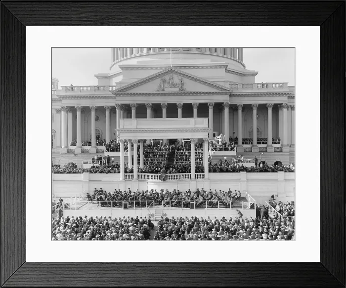 Framed Print : View of the inauguration of President Harry Truman showing the President speaking at the podium. Jan. 20, 1949. - (BSLOC_2014_15_57)