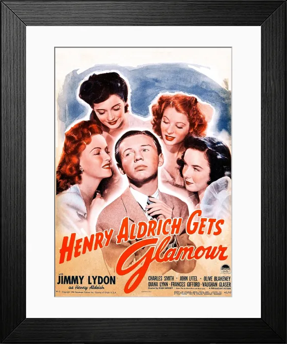 Framed Print : HENRY ALDRICH GETS GLAMOUR, US poster, Jimmy Lydon (center), from left: Frances Gifford, Gail Russell, Anne Rooney, Diana Lynn, 1943