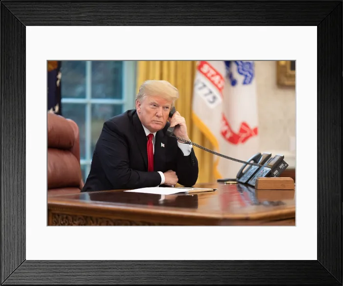 Framed Print : President Donald Trump speaks on the phone Nov. 14, 2018, with FEMA Administrator Brock Long, about the wildfires in California (BSLOC_2018_9_200)