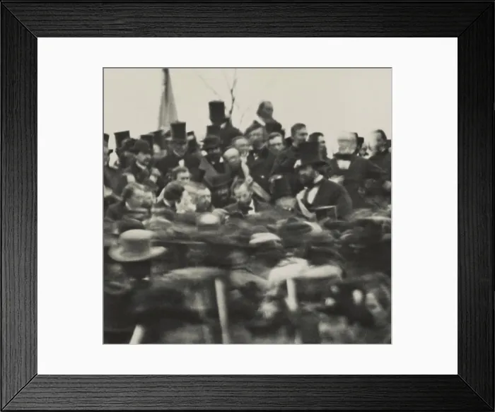 Framed Print : Lincolns Gettysburg Address, Nov. 19, 1863. President Lincoln is visible facing the crowd, not wearing a hat, to the left of the tall man wearing a top hat Framed Print : Lincolns Gettysburg Address, Nov. 19, 1863. President Lincoln is visible facing the crowd, not wearing a hat, to the left of the tall man wearing a top hat