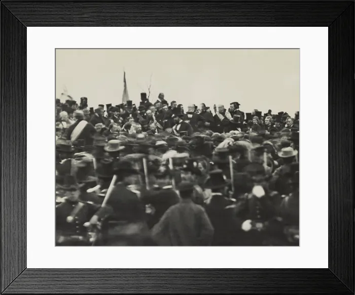 Framed Print : Lincolns Gettysburg Address, Nov. 19, 1863. President Lincoln is visible facing the audience, not wearing a hat, and to the left of a tall man wearing a top hat (BSLOC_2018_9_42)
