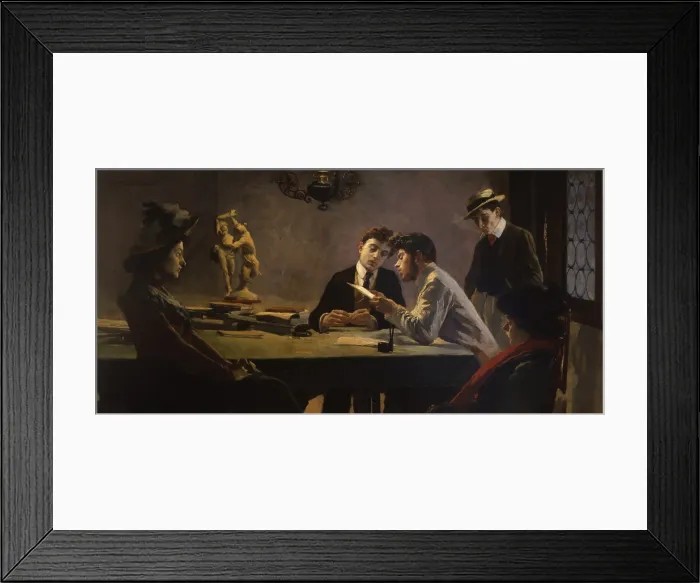 Framed Print : Young Authors, by Oreste da Molin, 1903, 20th Century, canvas - Private collection. Whole artwork view. Group of young men sitting around a table covered with books