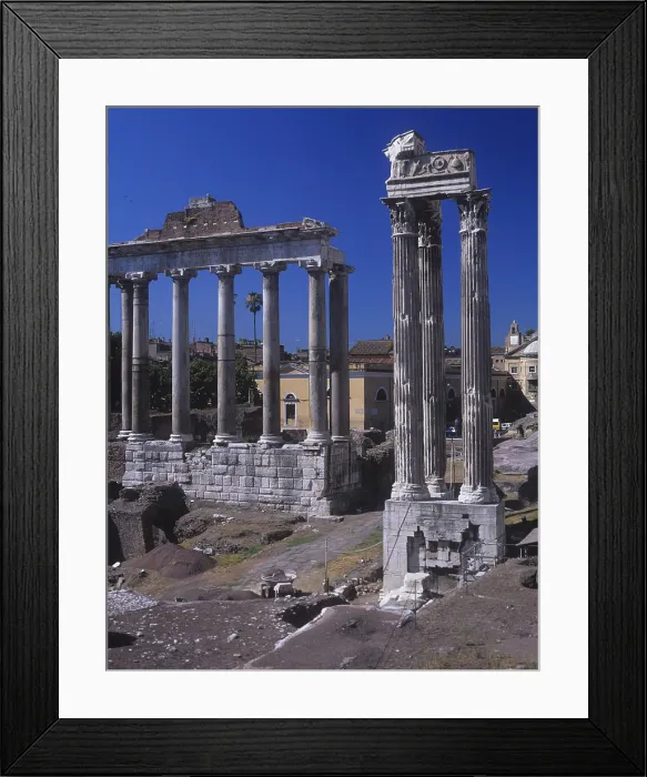 Framed Print : Roman Architecture, Roman Forum, 5th Century a.C. - Italy, Lazio, Rome, Roman Forum. Whole artwork view. View with the temple of Saturn and Vespasian Framed Print : Roman Architecture, Roman Forum, 5th Century a.C. - Italy, Lazio, Rome, Roman Forum. Whole artwork view. View with the temple of Saturn and Vespasian