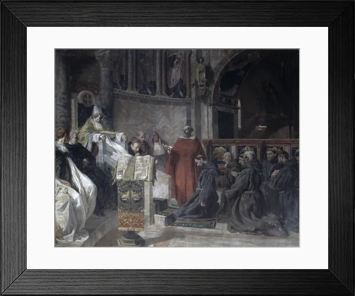 Framed Print : Saint Francis before Pope Innocent the Third, by Vittorio Emanuele Bressanin, 1898, 19th Century, canvas - Italy, Veneto, Rovigo, Church of the Saints Francis and Justine