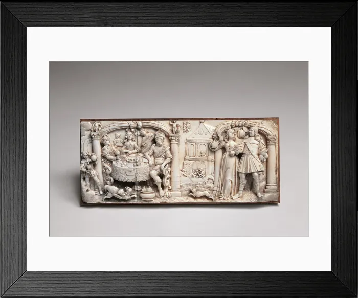 Framed Print : Ivory plate with scene of return from hunting, by Unknown Artist, 17th Century, - Italy, Lombardy, Cremona, Ala Ponzone Civic Museum. All