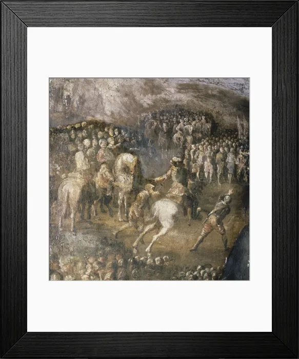 Framed Print : Battle Scene, by Paolo Finoglio, 1641, 17th Century, oil on canvas - Italy, Puglia, Conversano, Castle Collection. Detail. Battle scene with many soldiers
