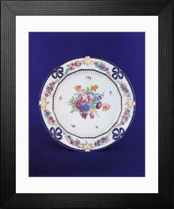 Framed Print : Plate with floral decoration, by Unknown Artist, 18th Century, - Italy, Campania, Naples, Duca di Martina Museum. All. Plate porcelain decoration hem blue ribbon flowers