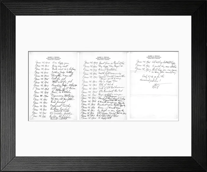 Framed Print : Letter former President Harry Truman sent to his wife, Bess, on their 38th wedding anniversary. June 28, 1957