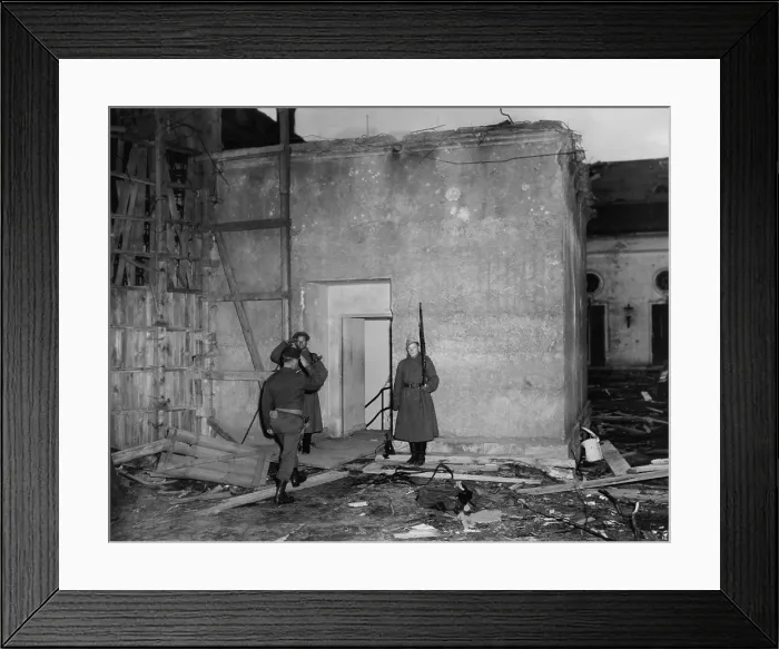 Framed Print : Adolf Hitler's bunker at the Chancellery, Berlin, Germany, July 10, 1945. U.S. army officer salutes two Russian soldiers standing guard. (BSLOC_2013-12_31)