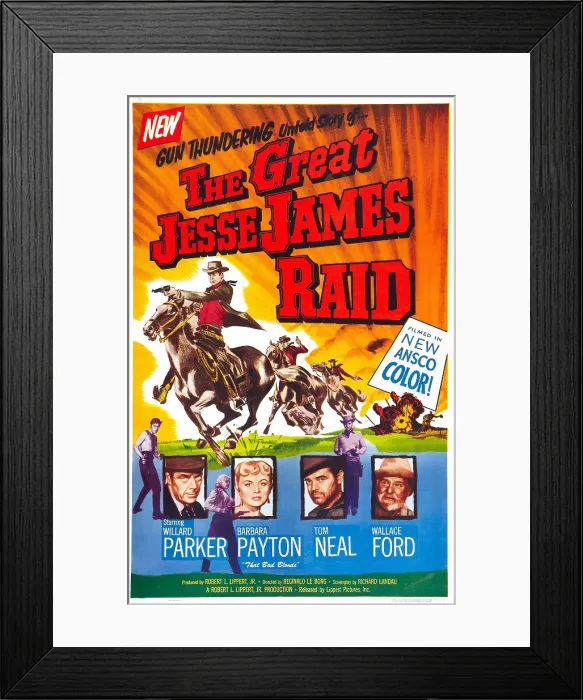 Framed Print : THE GREAT JESSE JAMES RAID, bottom from left: Willard Parker, Barbara Payton, Tom Neal, Wallace Ford, 1953