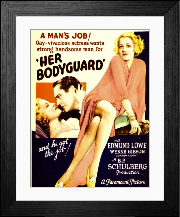 Framed Print : HER BODYGUARD, from left: Wynne Gibson, Edmund Lowe, Wynne Gibson on midget window card, 1933 Framed Print : HER BODYGUARD, from left: Wynne Gibson, Edmund Lowe, Wynne Gibson on midget window card, 1933