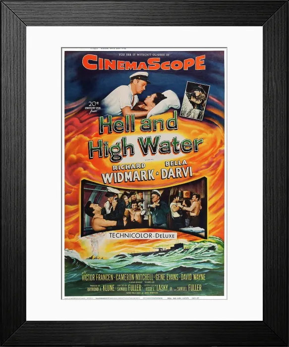 Framed Print : HELL AND HIGH WATER, US poster art, top, from left: Richard Widmark, Bella Darvi, 1954. TM and Copyright 20th Century Fox Film Corp