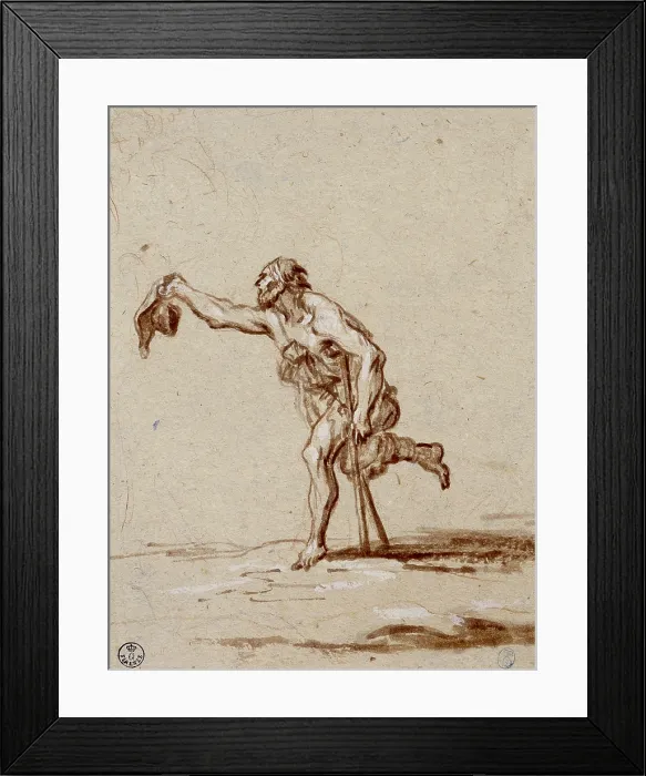 Framed Print : Crippled beggar, by Alessandro Magnasco said Lissandrino, 17th - 18th century, brown and white watercolor on paper, traces of red pencil