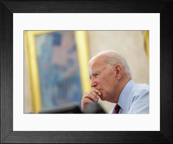 Framed Print : President Joe Biden listening to his senior advisers, Sept. 6, 2023, in the Oval Office. (BSLOC_2023_8_2)
