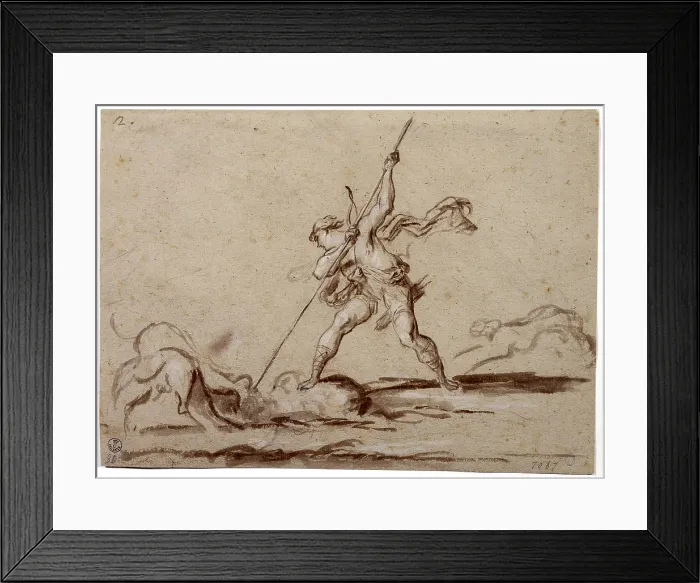 Framed Print : Hunter with Three Dogs, by Alessandro Magnasco said Lissandrino, 17th - 18th century, watercolor on brown paper, traces of red chalk, white highlights Framed Print : Hunter with Three Dogs, by Alessandro Magnasco said Lissandrino, 17th - 18th century, watercolor on brown paper, traces of red chalk, white highlights