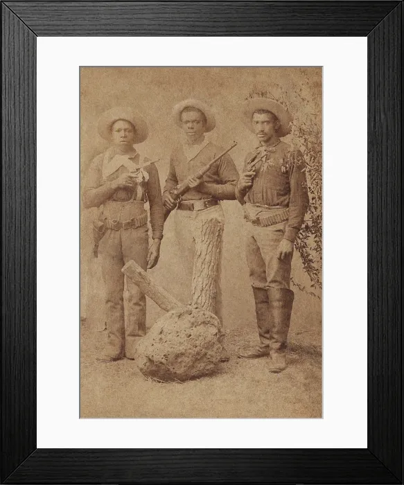Framed Print : Studio group portrait of three African American cavalry soldiers, standing, with their weapons, ca. 1880. The central Buffalo Soldier holds a Sharps carbine Framed Print : Studio group portrait of three African American cavalry soldiers, standing, with their weapons, ca. 1880. The central Buffalo Soldier holds a Sharps carbine