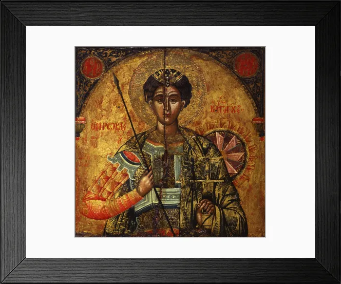 Framed Print : The Holy Warrior Demetrio, by Nikolla, tempera on wood - Albania, Berat, Church of Annunciation. Detail. Detail of the bust of the saint, with armor, sword and spear Framed Print : The Holy Warrior Demetrio, by Nikolla, tempera on wood - Albania, Berat, Church of Annunciation. Detail. Detail of the bust of the saint, with armor, sword and spear