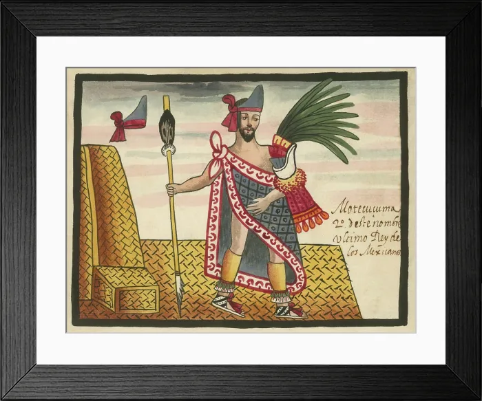 Framed Print : Moctezuma II, holds a scepter while standing on a reed mat and next to a basket-work throne. He wears a beard, and single epaulette of quetzal feathers