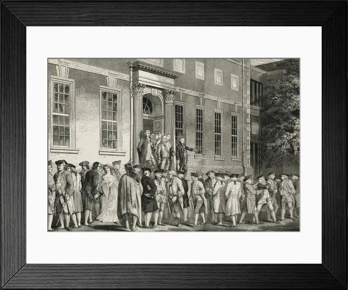 Framed Print : American Revolution, Second Continential Congress, Philadelphia, 1775-1776. The Signers of the Declaration of Independence gather in front of the Statehouse (Independence Hall)