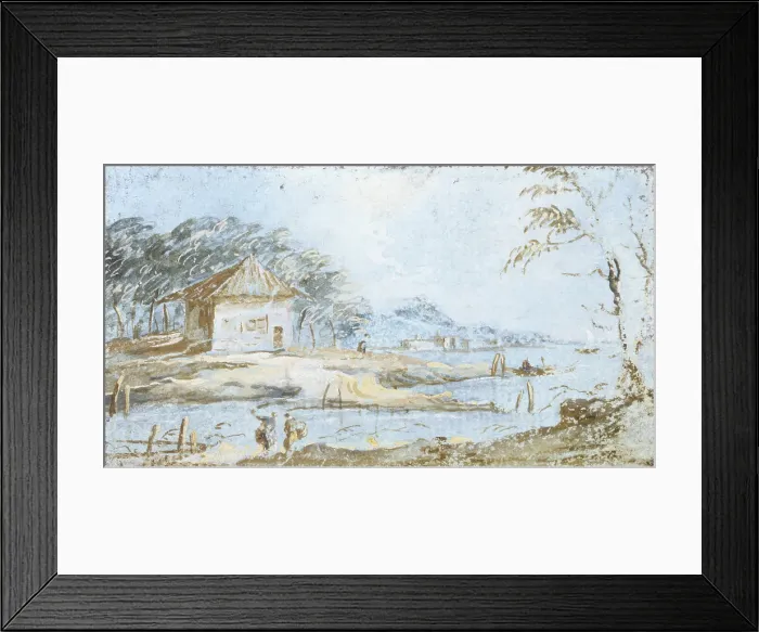 Framed Print : View of a Hut and Lake Bank, Unknown Artist probably Giacomo Guardi, 18th Century, tempera on paper - Italy, Lombardy, Milan, Castello Sforzesco, Civic Collections of Ancient Art