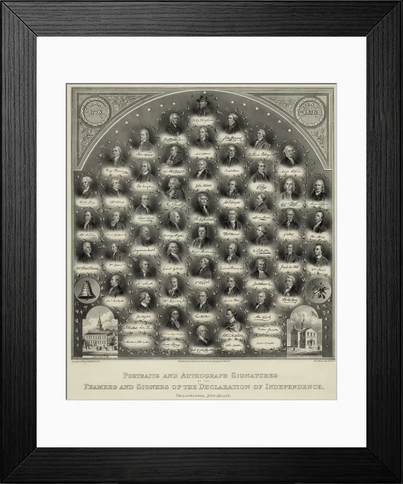 Framed Print : American Revolution, Second Continential Congress, Philadelphia, 1775-1776. Portraits and facsimile signatures of the framers and signers of the Declaration of Independence
