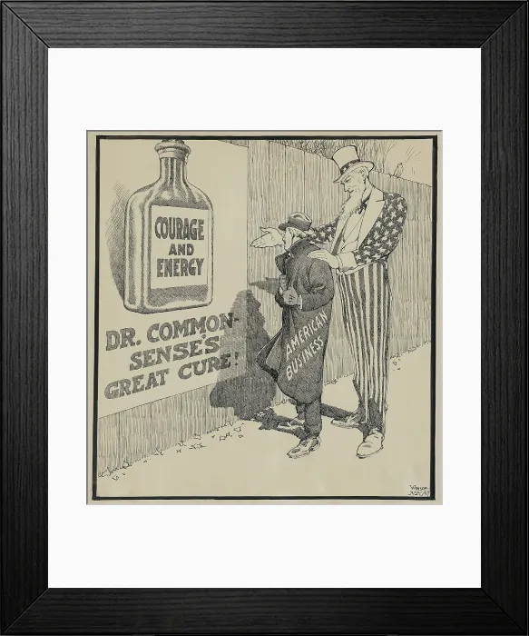 Framed Print : Dr. Common-sense's great cure, Depression era cartoon. Courage and Energy are the cure for American business. Winsor McCay, ca. 1930-34. (BSLOC_2013_7_17)