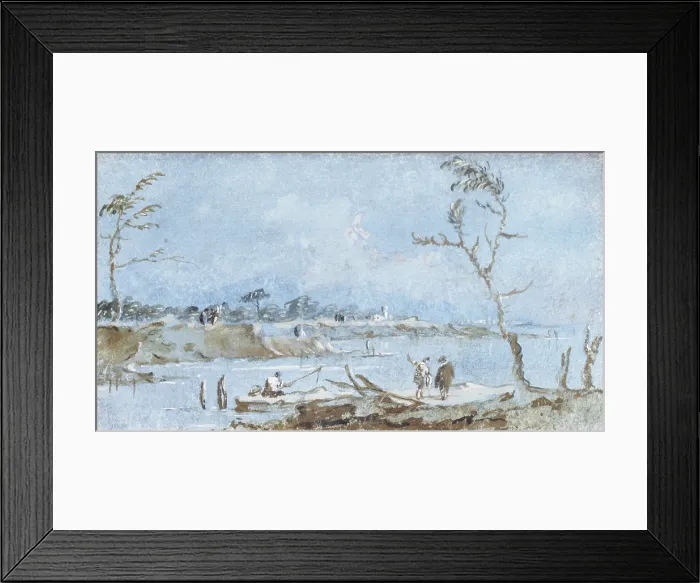 Framed Print : View of a Stream of Water and Fisherman, by Unknown Artist probably Giacomo Guardi, 18th Century, tempera on paper - Italy, Lombardy, Milan, Castello Sforzesco