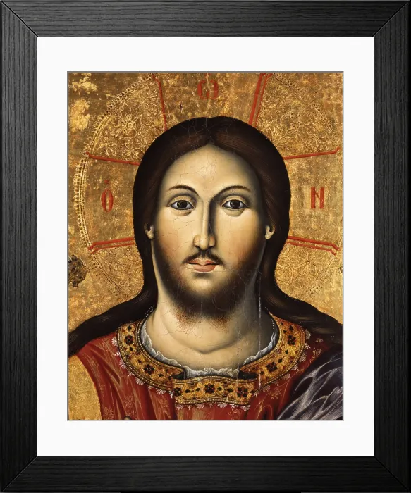 Framed Print : Christ pantocrator, by Mihal Anagnosti, 1827, 19th Century, tempera on wood - Albania, Tirana, Institute for Cultural Monuments. Detail. The face of Christ with a halo