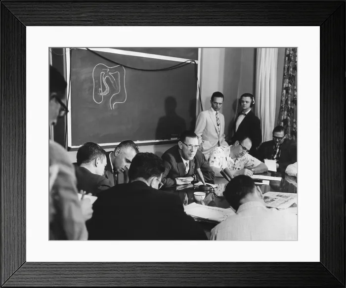 Framed Print : President Eisenhowers doctors brief the press on his intestinal surgery. June 10, 1956