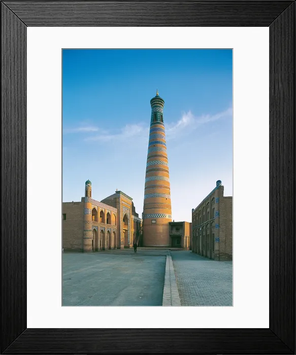 Framed Print : Madrasa or Madrasah or Madrassa and minaret of Islam Khodja (left), Soviet School (right), by Unknown Artist, 1908 - 1910, 19th Century, - Uzbekistan, Khorezm, Khiva, Khiva
