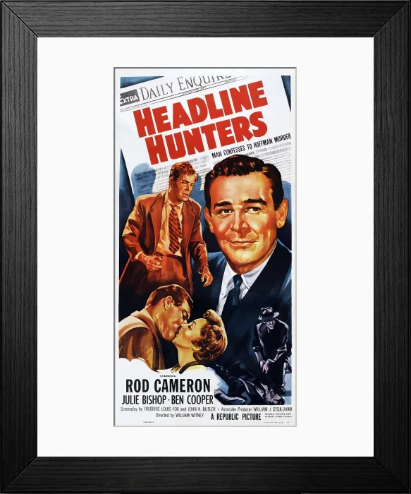 Framed Print : HEADLINE HUNTERS, US poster, Rod Cameron (rear right and left), kissing from left: Rod Cameron, Julie Bishop, 1955
