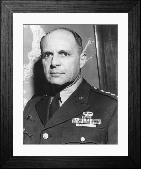 Framed Print : General Matthew Ridgeway, as a four star General standing in front of a map of Japan. In April 1951 he replaced Gen Framed Print : General Matthew Ridgeway, as a four star General standing in front of a map of Japan. In April 1951 he replaced Gen
