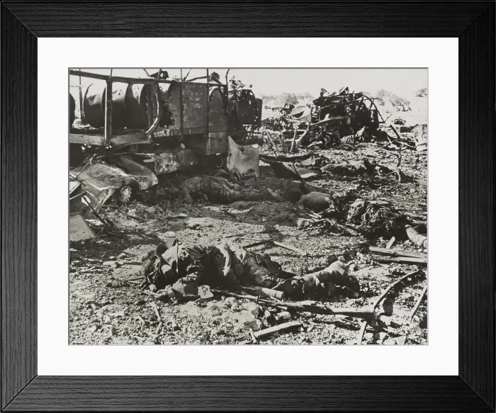 Framed Print : Dead Italian troops were transporting ammunition when struck by British artillery. Near Derna, Cyrenaica, during World War 2, ca. 1940-42. (BSLOC_2013-12_54)