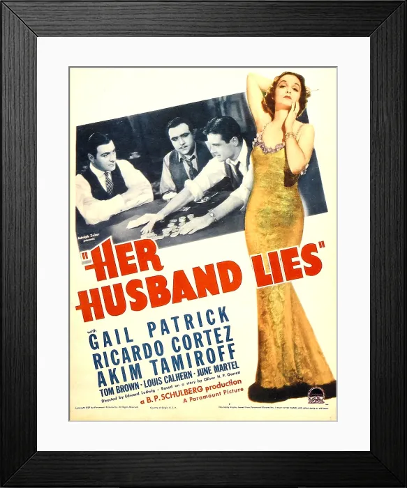 Framed Print : HER HUSBAND LIES, from left: Ricardo Cortez, Akim Tamiroff, Tom Brown, Gail Patrick on midget window card, 1937