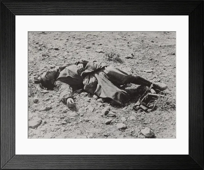 Framed Print : Dead German soldier in the Western desert after a British raid. Between major campaigns, North African World War 2 fighting consisted of small and large raids on enemy positions Framed Print : Dead German soldier in the Western desert after a British raid. Between major campaigns, North African World War 2 fighting consisted of small and large raids on enemy positions