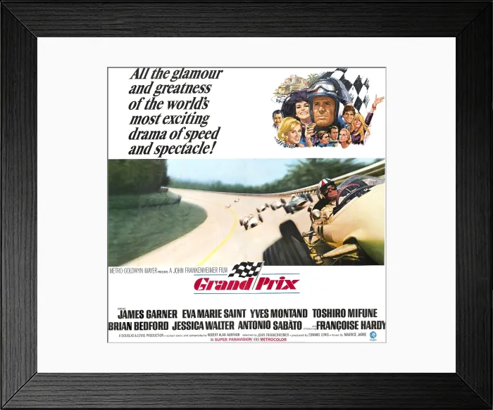 Framed Print : GRAND PRIX, heads top from left: Toshiro Mifune, Jessica Walter, James Garner (helmet), Antonio Sabato, Francoise Hardy, bottom from left: Eva Marie Saint, Brian Bedford Framed Print : GRAND PRIX, heads top from left: Toshiro Mifune, Jessica Walter, James Garner (helmet), Antonio Sabato, Francoise Hardy, bottom from left: Eva Marie Saint, Brian Bedford
