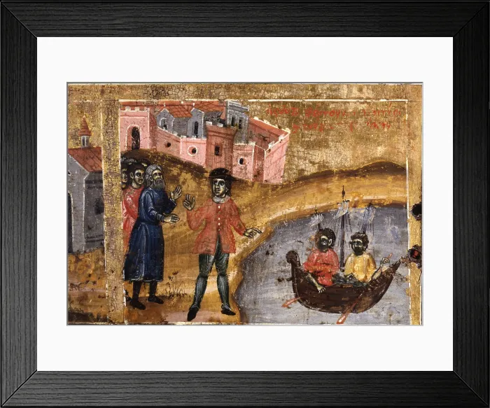 Framed Print : Saint Demetrius, by Joan etiri, tempera on wood - Albania, Tirana, Institute of Cultural Monuments. Detail. Side episode with the transport of wheat to Thessaloniki